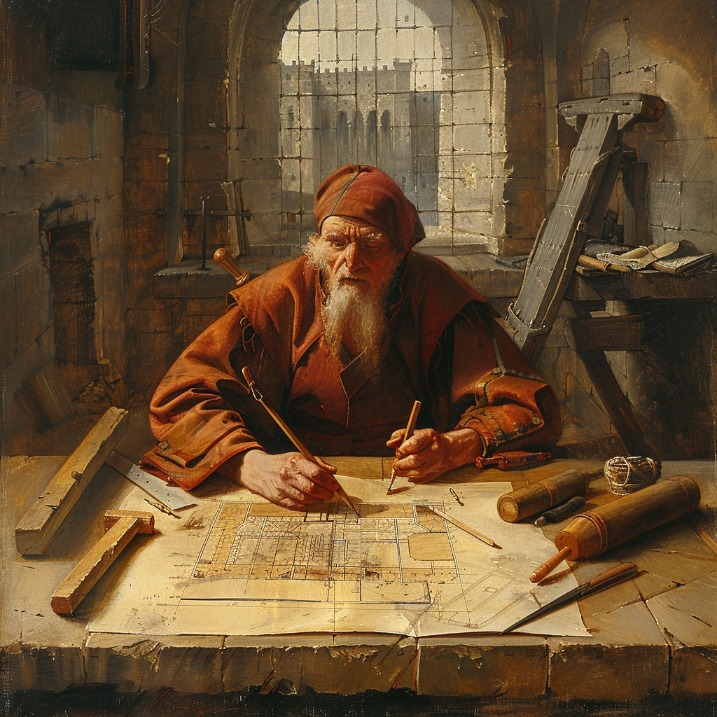 Архитектор в древности сидит за массивным деревянным столом и чертит планы зданий на пергаменте, используя примитивные инструменты и линейки