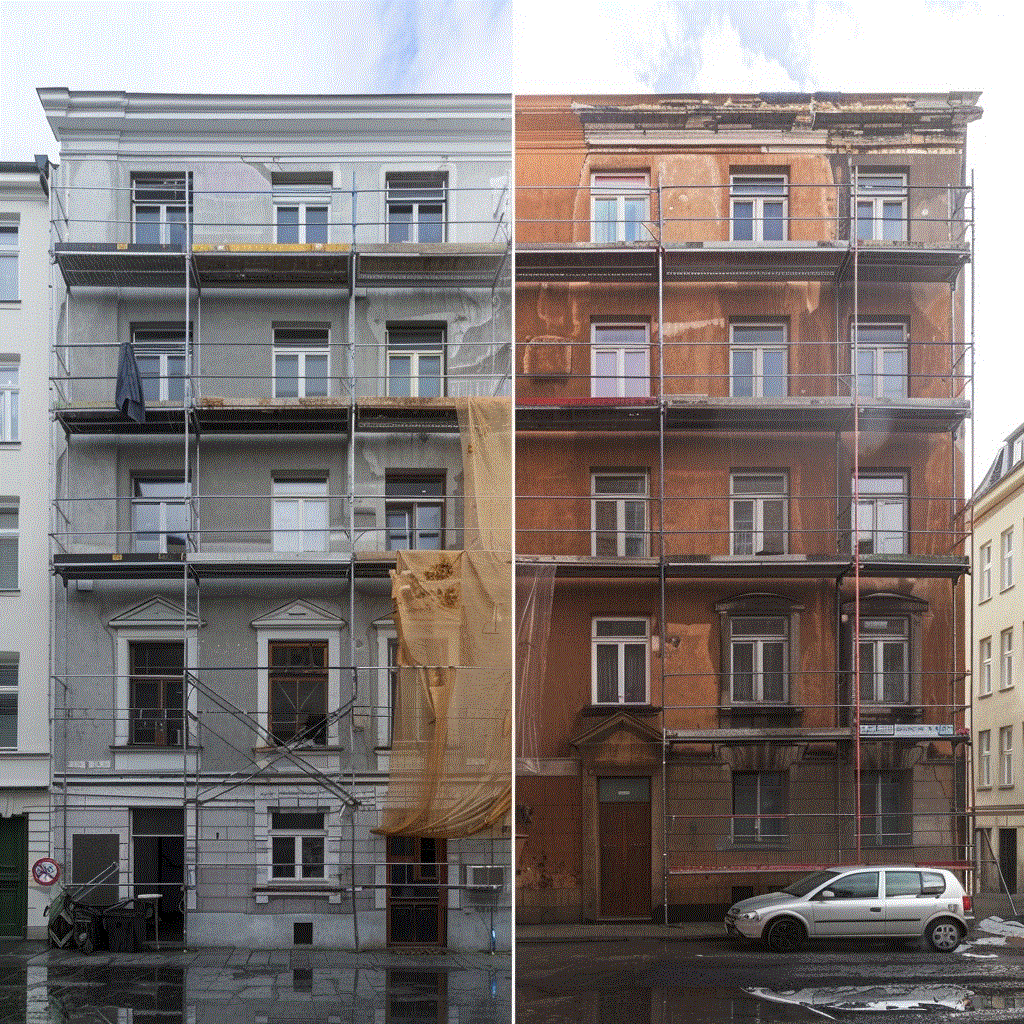 Здание с мокрым фасадом: 1 - до устройства, 2 - после устройства