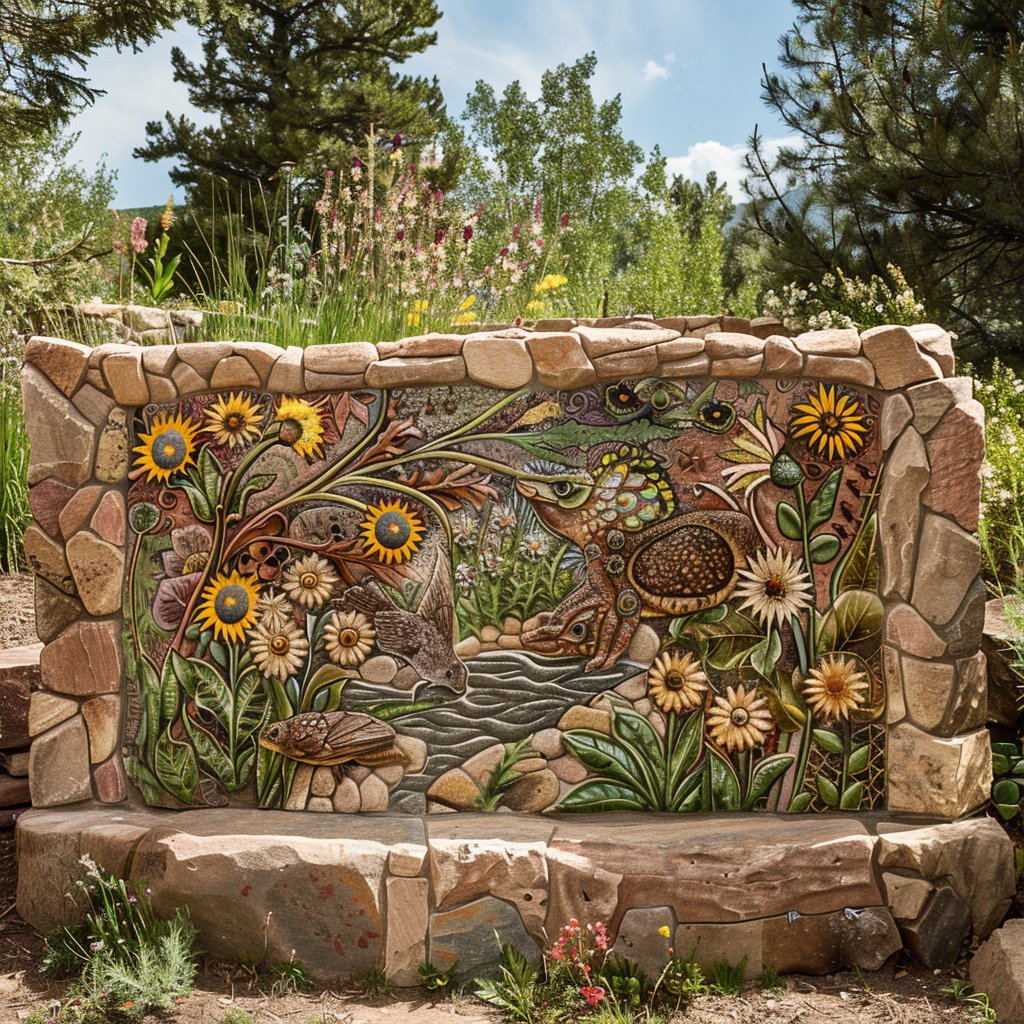 Имитация сграффито в ландшафтном дизайне, изображающая природную сцену с цветами и животными. Цвета естественные и приглушенные, дизайн гармонично вписывается в окружающий ландшафт.