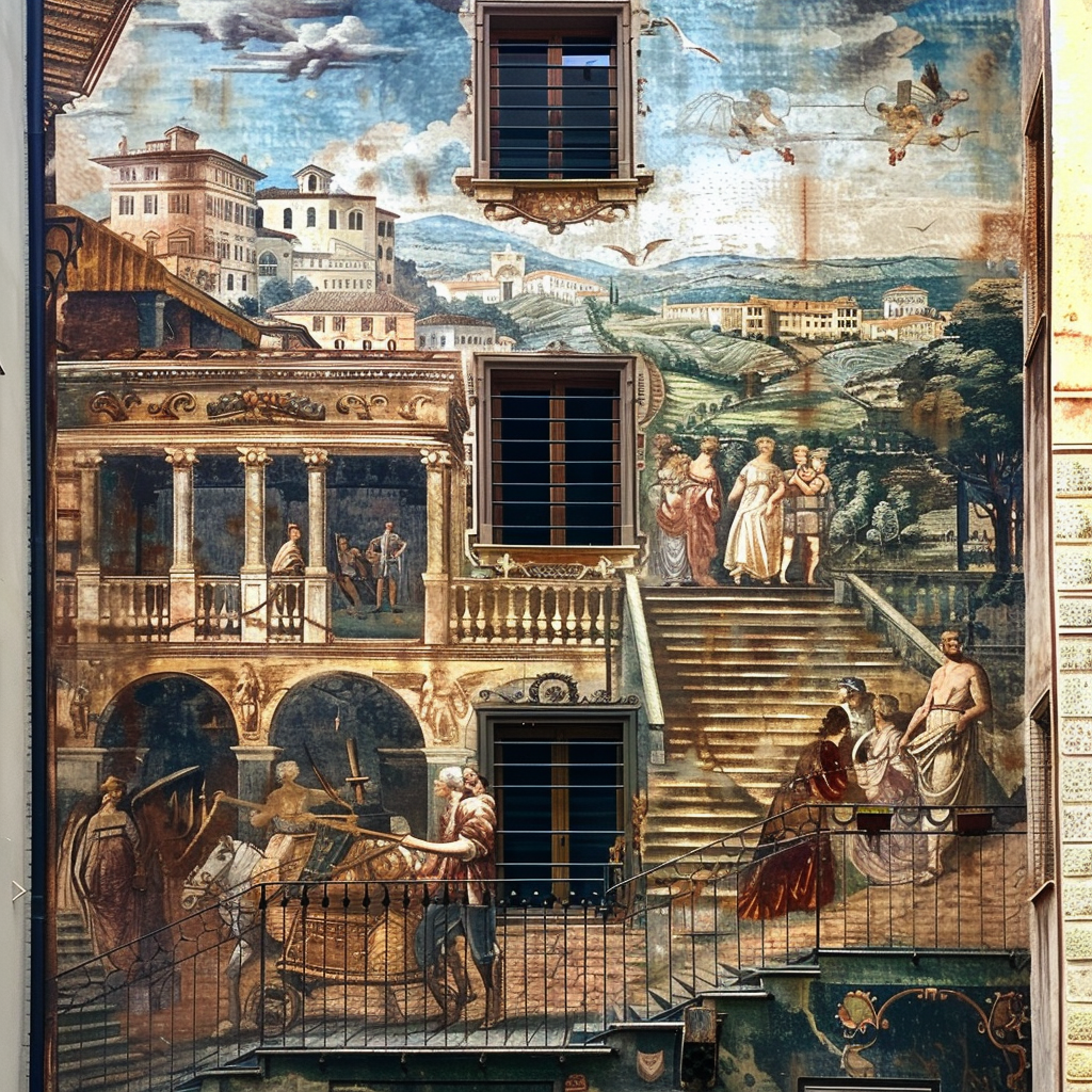 Классическое сграффито на фасаде здания, изображающее сцену эпохи Возрождения с людьми и архитектурой. Цвета яркие и насыщенные, детали проработаны с высокой точностью