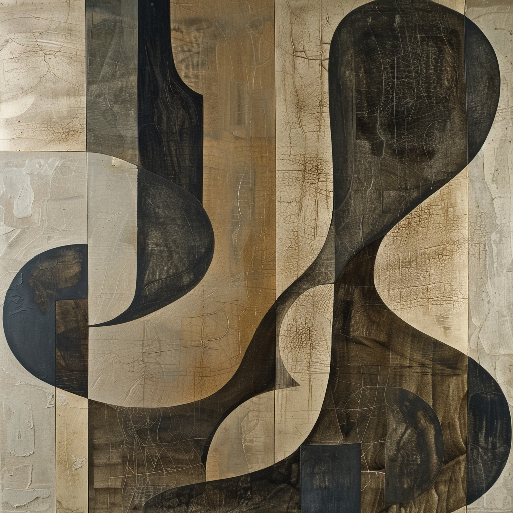 Обратное сграффито в интерьере, изображающее современный абстрактный дизайн. Цвета приглушенные, линии чистые и простые.