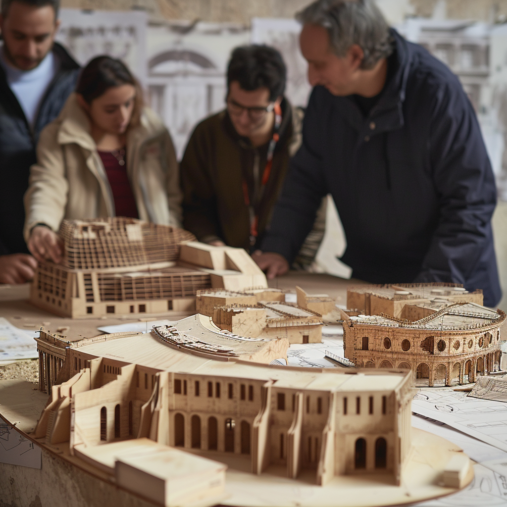 История проектирования зданий: группа архитекторов рассматривает макет здания, выполненный из фанеры, на заднем плане видны плоские чертежи