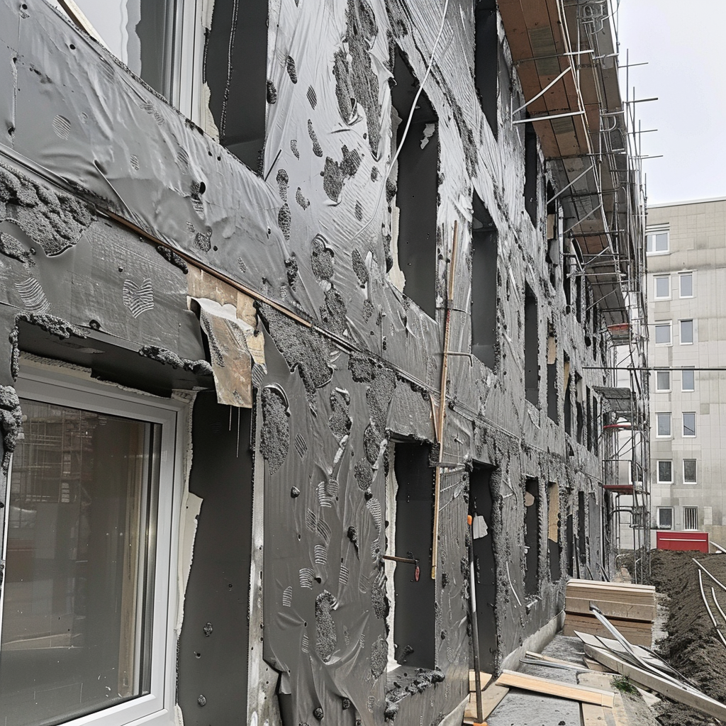 Изображение процесса монтажа мокрого фасада