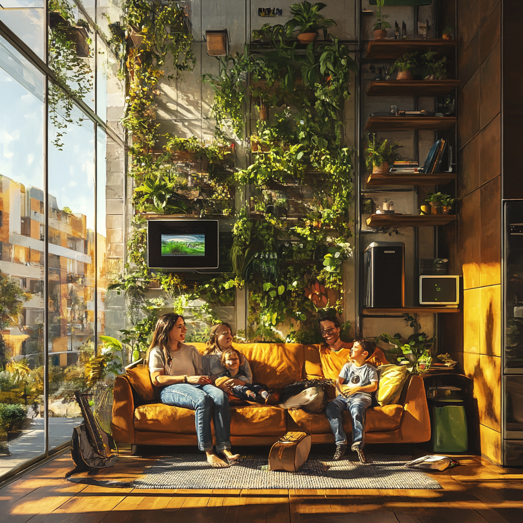 Изображение счастливой семьи в энергоэффективном доме. Энергоэффективные дома не только экономят энергию, но и создают комфортную и здоровую среду для проживания.