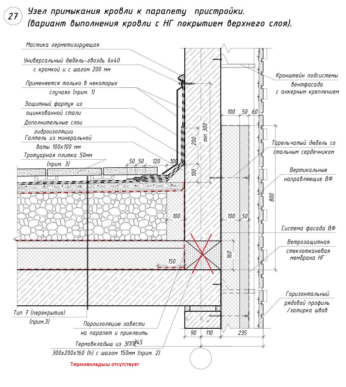 Ошибки утепления парапетов: узел примыкания парапета к пристройке