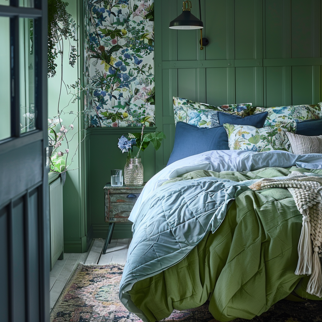 Спальня с зелеными и голубыми стенами, которые создают ощущение спокойствия и умиротворения