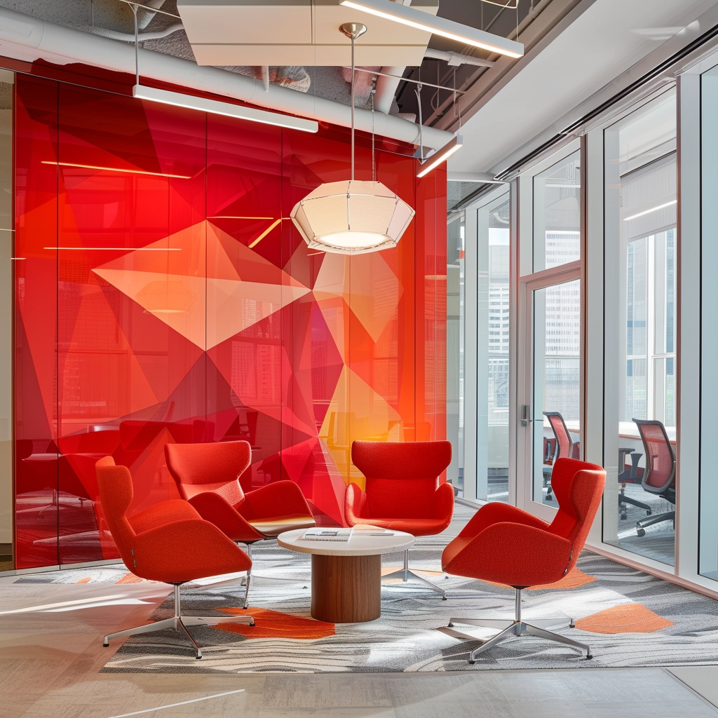 Офис с красными и оранжевыми стенами, которые повышают работоспособность сотрудников