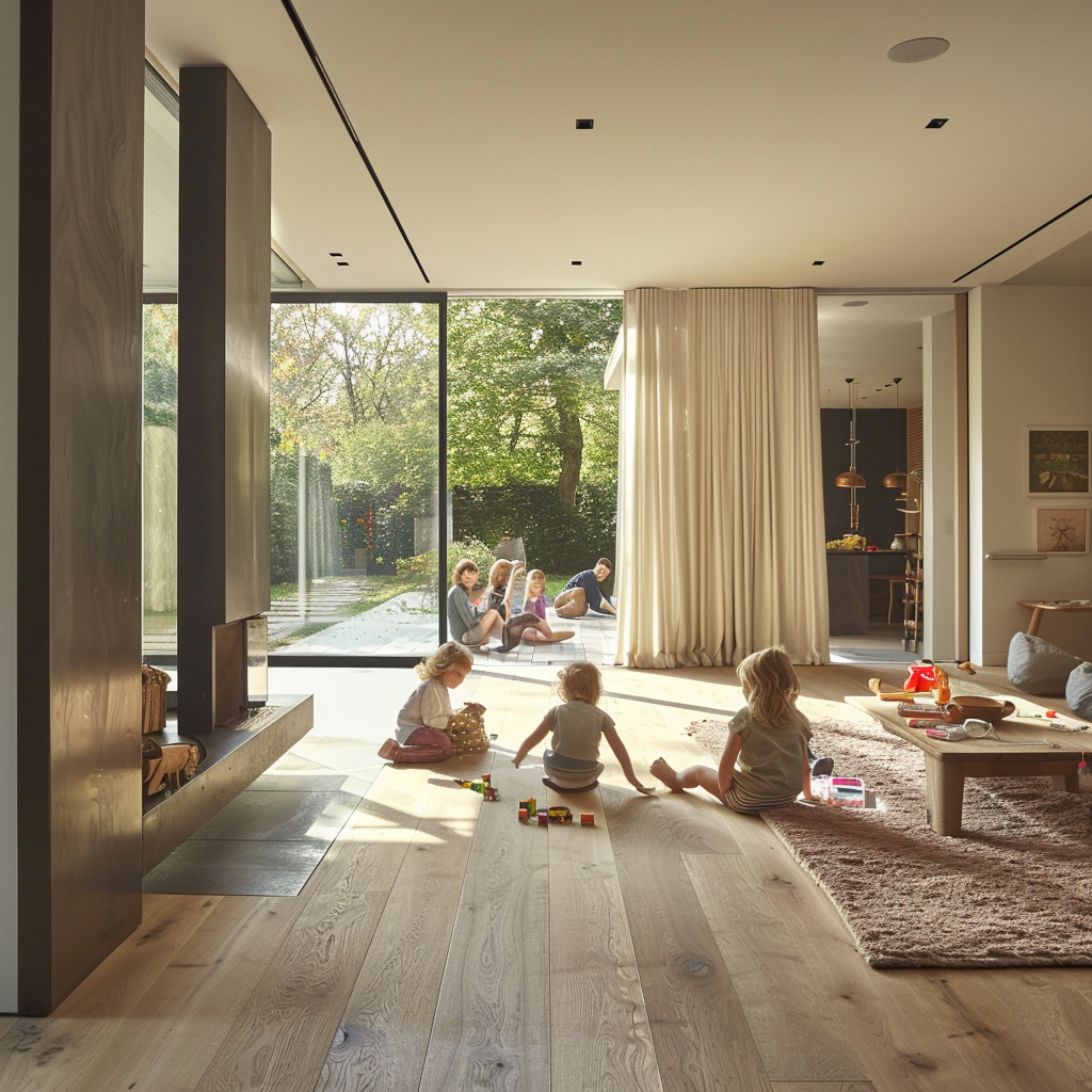 Теплый пол в доме: семья с детьми играет на полу, наслаждаясь комфортом