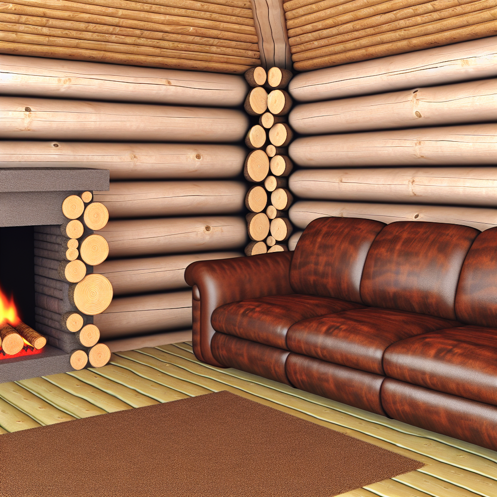 Внутренняя отделка домов из оцилиндрованного бревна: интерьер гостиной в доме из оцилиндрованного бревна в рустикальном стиле. Деревянные стены, камин, кожаный диван