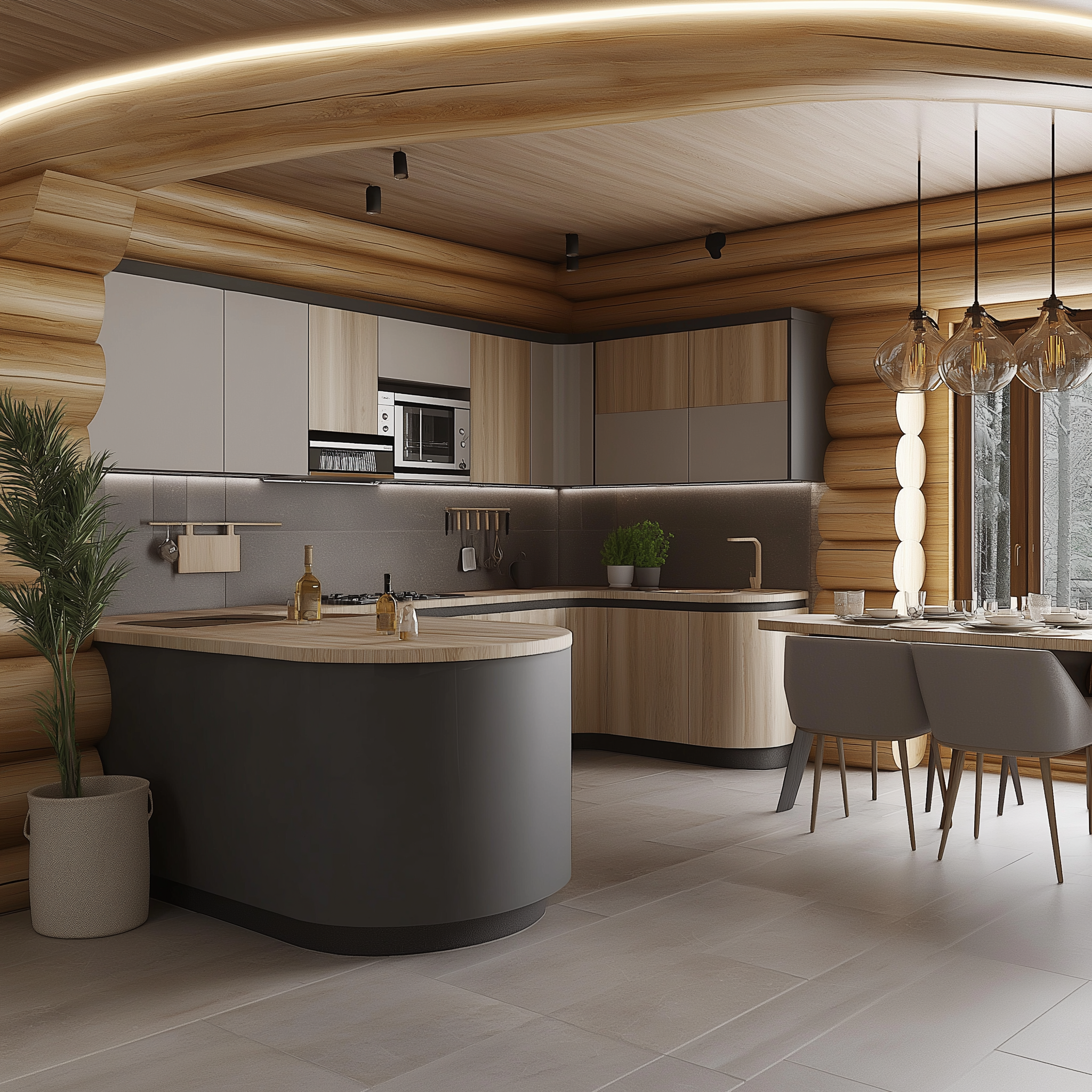 Внутренняя отделка домов из оцилиндрованного бревна: интерьер кухни в доме из оцилиндрованного бревна в современном стиле. Лаконичные формы, встроенная техника, стильная мебель