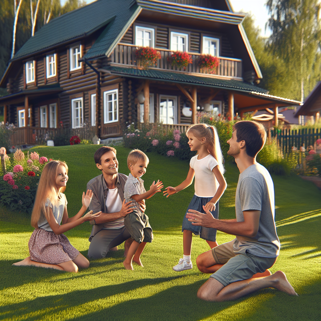 Семья с детьми играет на лужайке перед своим частным домом